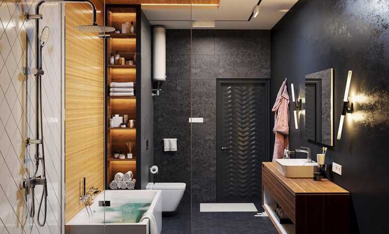 A Magnifique bathroom looks with a small patterned black door