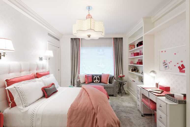 A strong bedroom visual with shocking red-pink decor