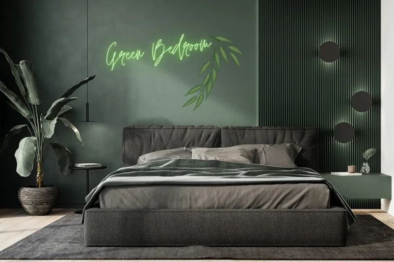 A unique gray bedroom with neon green scribbling on the wall
