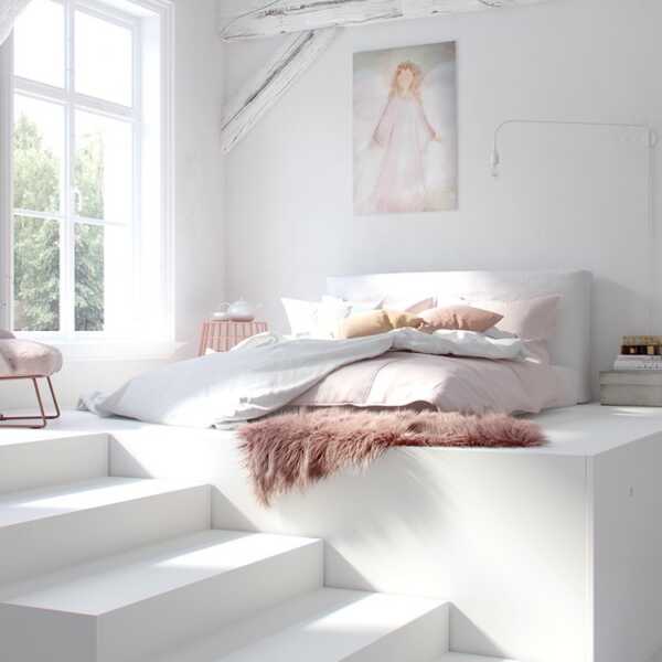 Creating a clean and bright bedroom with white color and a little touch of pink