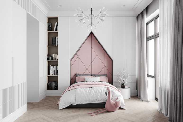 Creating an everlasting look with a pink headboard in a white bedroom