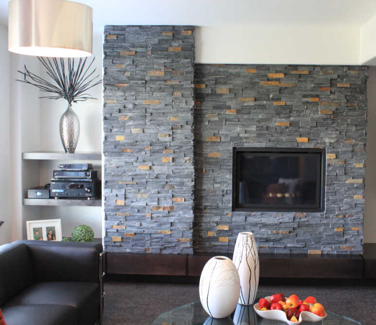 Creating an un-monotone look with the combination of gray and brownstone fireplace paint colors