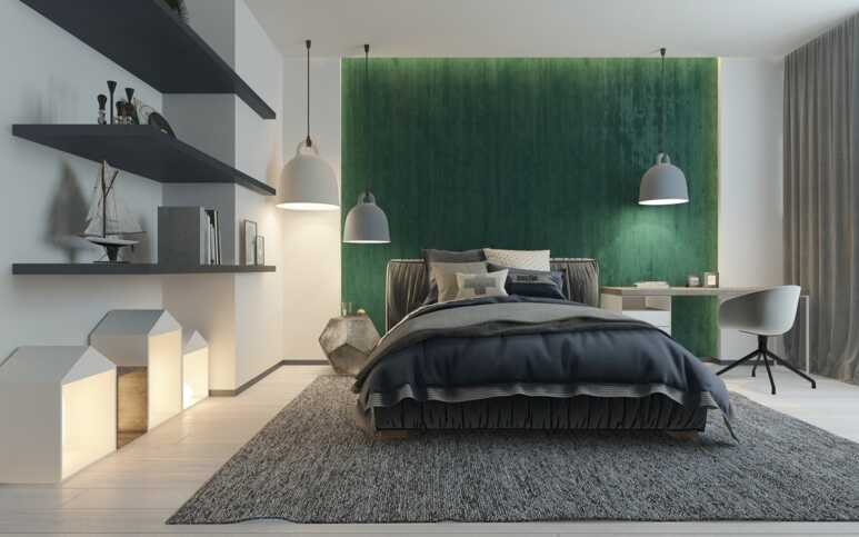 Gray furniture in a stylish bedroom with green accent obscure glass
