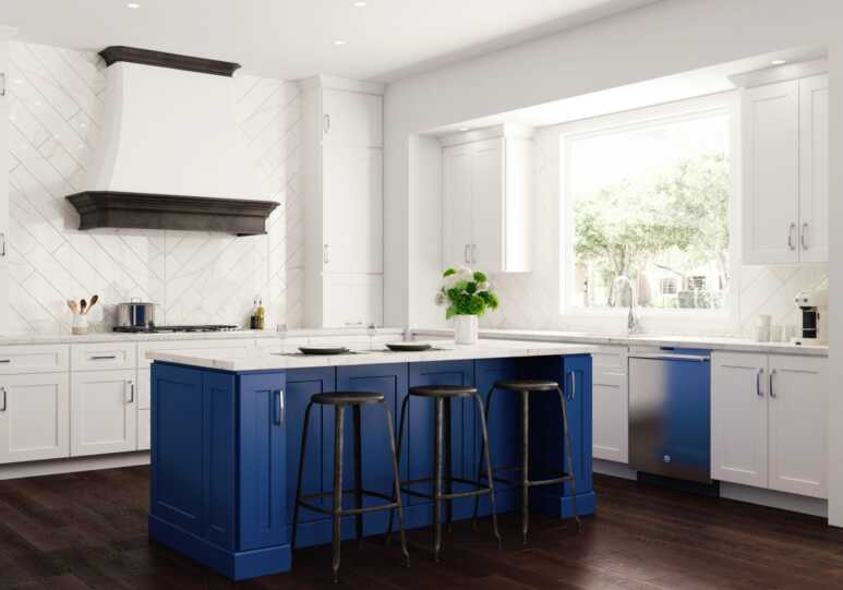 Navy blue freestanding kitchen cabinets in an all-white kitchen with dark parquet flooring for a modern look