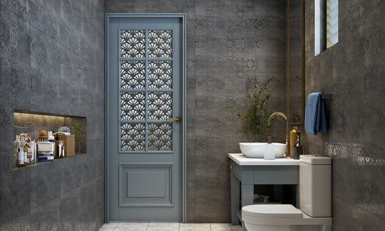 Patterned door in blue washed color to make a small bathroom look beautiful