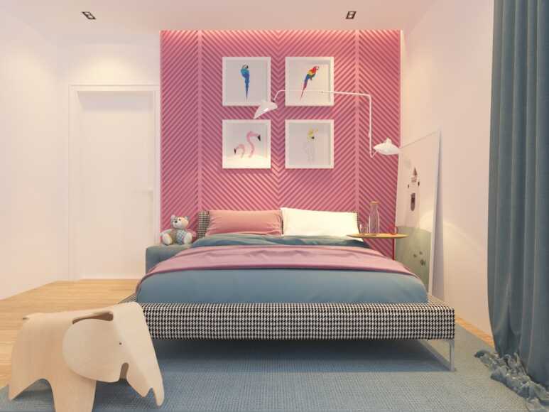 Patterned pink wall for a white and gray bedroom
