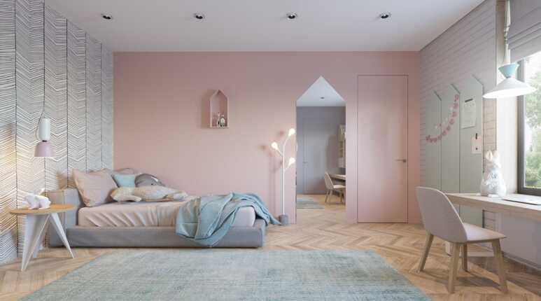 Pink wall and patterned white wall making a soft bedroom look