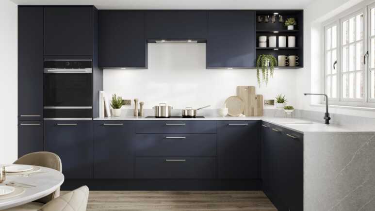 The slab kitchen cabinets painted in navy blue and cream decoration intensify the warm and calm feelings