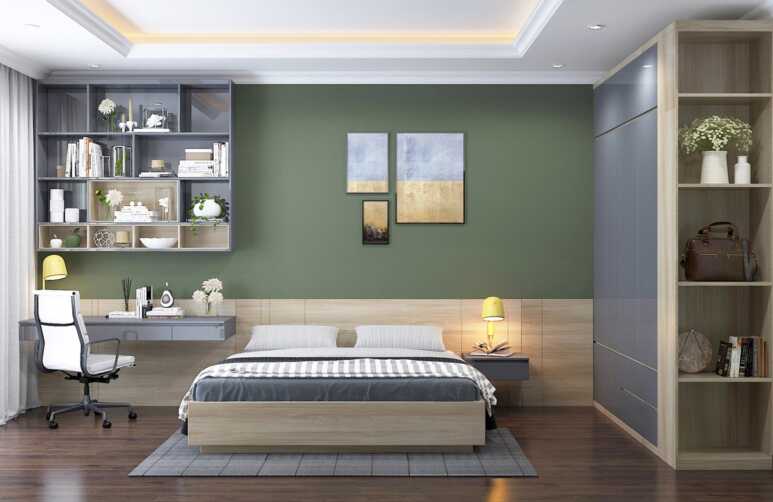 Wall painted green and soft gray wardrobe in a lively contemporary bedroom