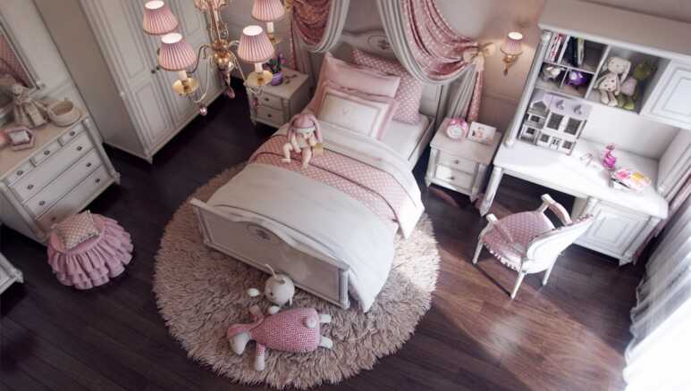 White bedroom dominated by pink decorations